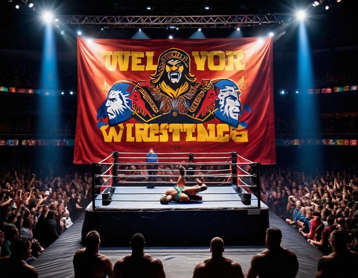 A dynamic wrestling ring illuminated under vibrant spotlights, surrounded by an engaged crowd. In the foreground, a gripping moment of two wrestlers performing a fierce maneuver. Include a backdrop of colorful banners featuring iconic wrestling logos and belts. The atmosphere conveys excitement and tension, showcasing the passion of the audience. bold colors. super-realistic.