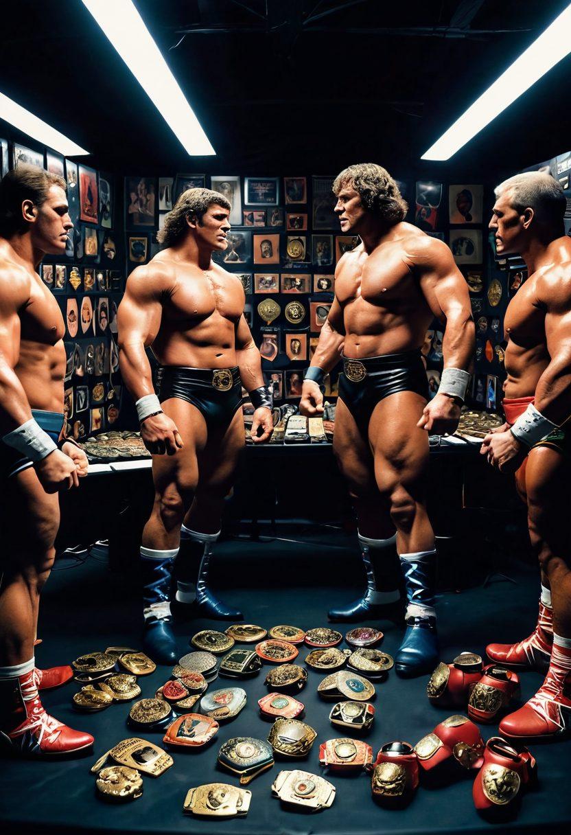 A dynamic backstage scene featuring legendary wrestlers in animated discussion, surrounded by championship belts and memorabilia. The energy of the moment captured with bright lights, cameras flashing, and fans in the background. A close-up of an interview setup with microphones and notes highlighting exclusive insights. The atmosphere exudes excitement and nostalgia. super-realistic. vibrant colors. cinematic style.