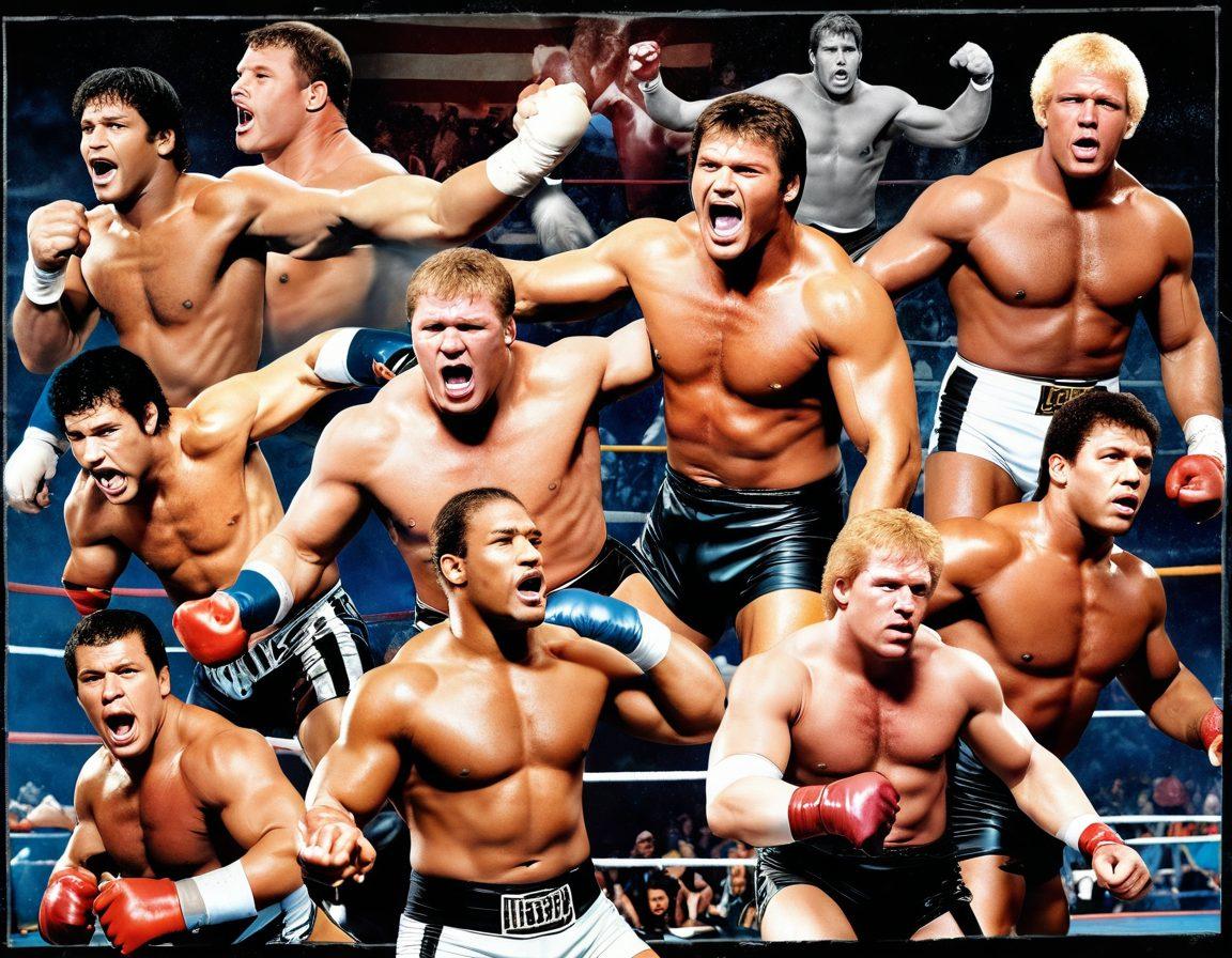 A dynamic collage of iconic pro wrestling moments featuring famous athletes locked in action, with a vintage wrestling ring in the background. Emphasize dramatic expressions and athleticism, combining elements of both historic and modern styles. Incorporate nostalgic memorabilia like championship belts and posters to evoke a sense of history. Use bold colors to capture the excitement and energy of pro wrestling. vintage style. vibrant colors. high contrast.